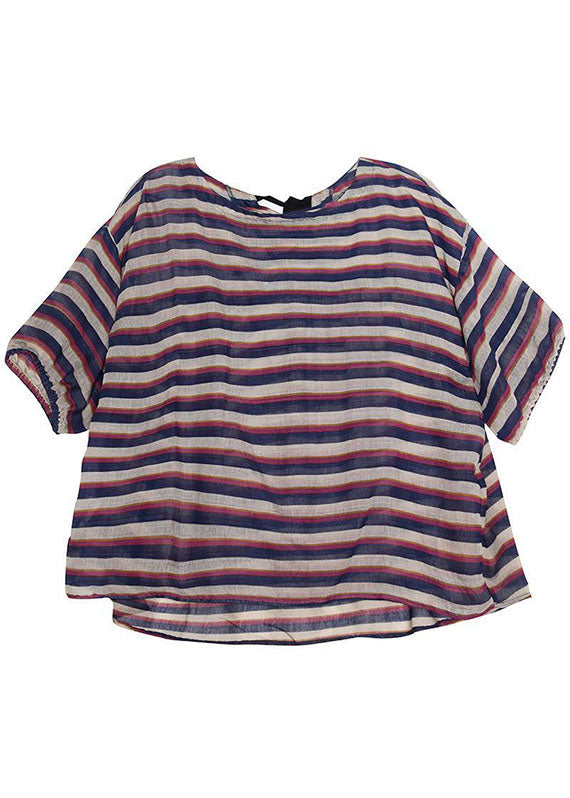 Striped O-neck Asymmetrical Design Print Fall Top