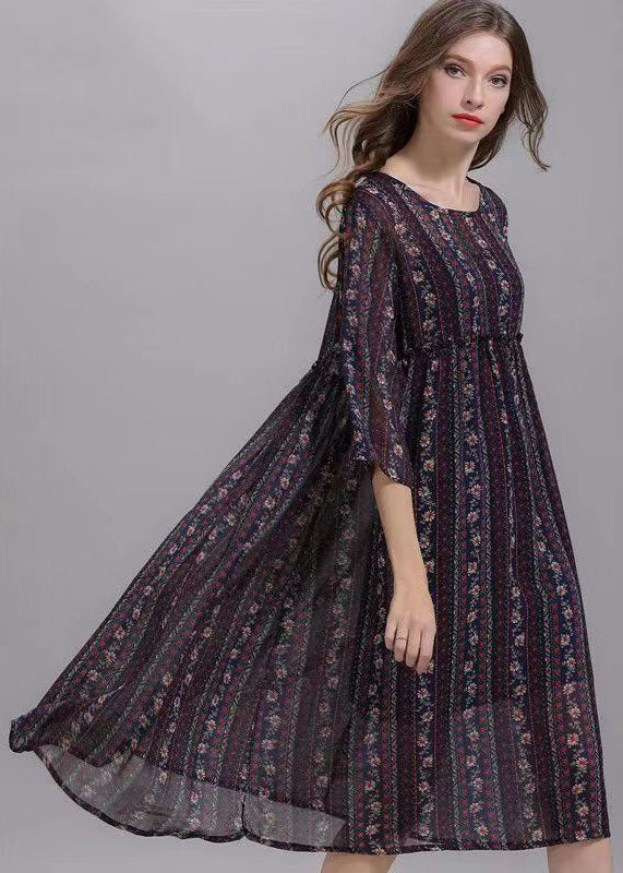 Striped O Neck Wrinkled Patchwork Chiffon Dresses Half Sleeve
