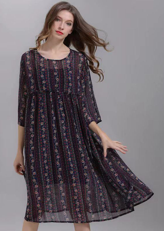 Striped O Neck Wrinkled Patchwork Chiffon Dresses Half Sleeve