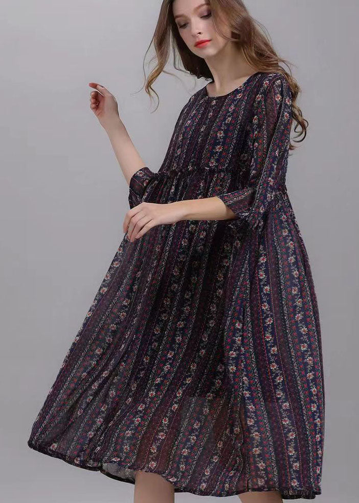 Striped O Neck Wrinkled Patchwork Chiffon Dresses Half Sleeve