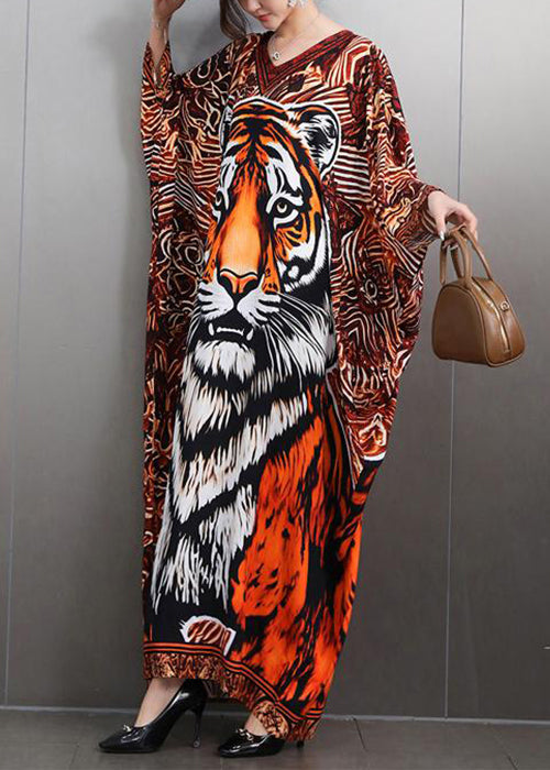 V Neck Animal Print Maxi Dresses Batwing Sleeve