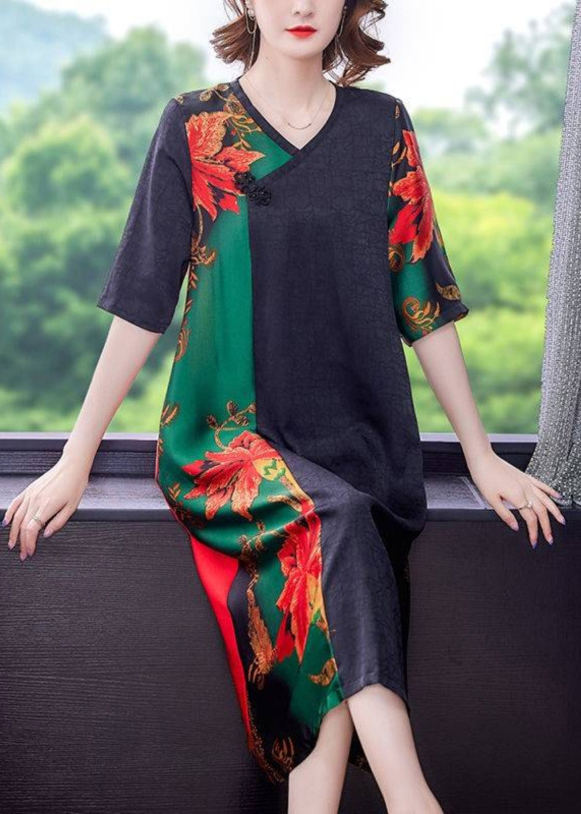 V Neck Patchwork Print Button Silk Maxi Dresses Short Sleeve