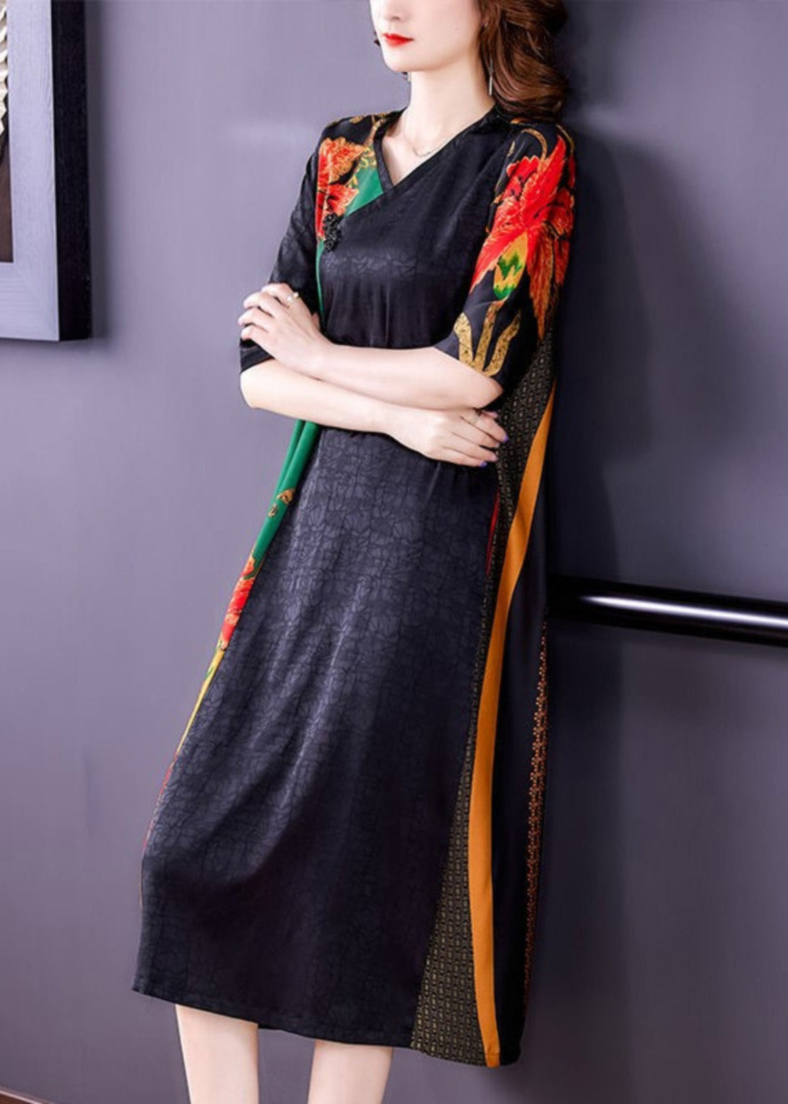 V Neck Patchwork Print Button Silk Maxi Dresses Short Sleeve