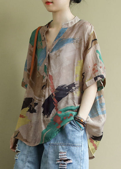 V Neck Print Button Shirt Tops Half Sleeve