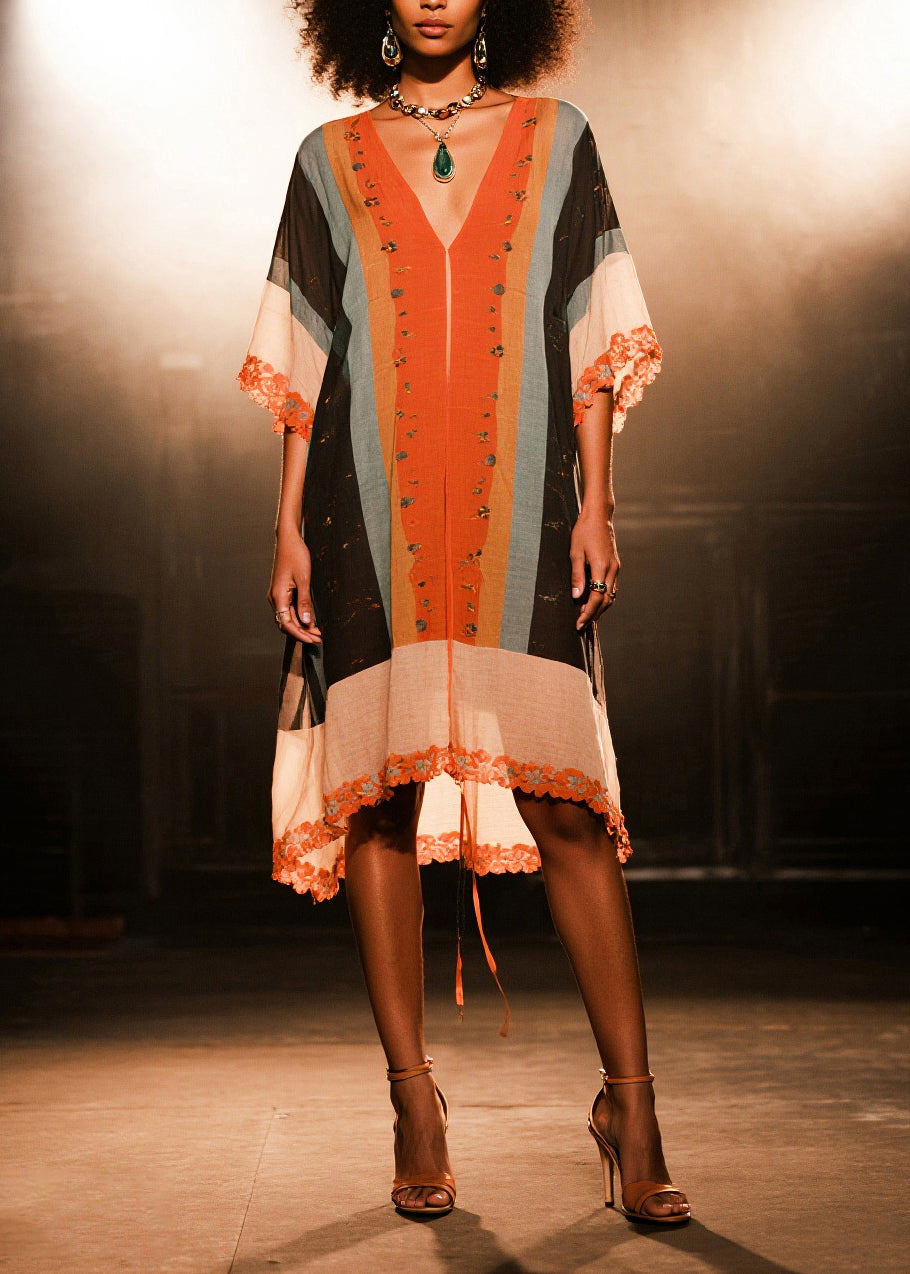 V Neck Print Cotton Beach Dress Half Sleeve
