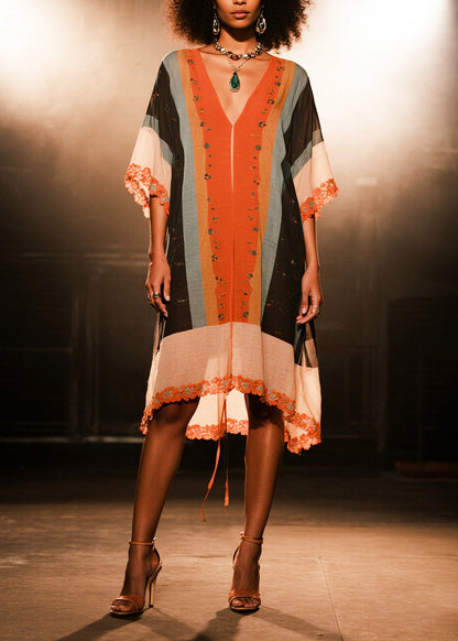 V Neck Print Cotton Beach Dress Half Sleeve