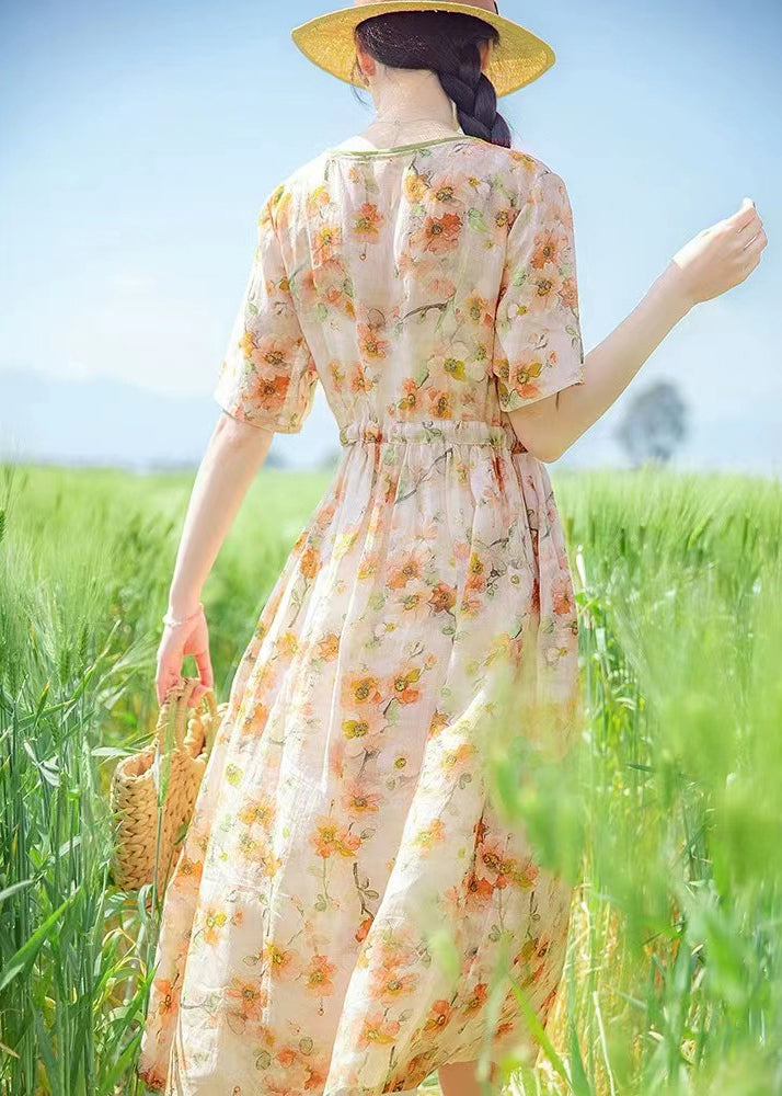 V Neck Print Drawstring Linen Dresses Summer