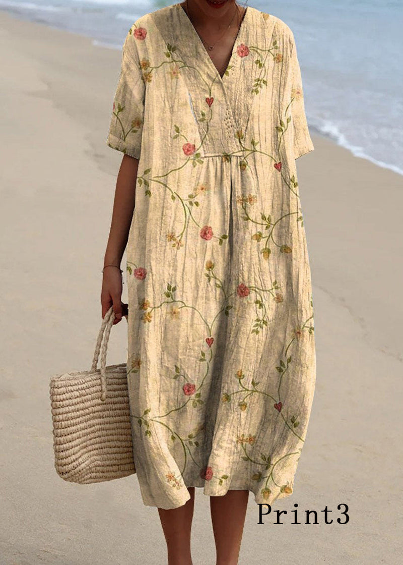 V Neck Print Loose Cotton Dress Summer