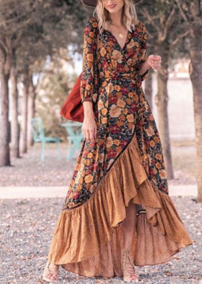V Neck Print Tie Waist Cotton Long Dresses Spring