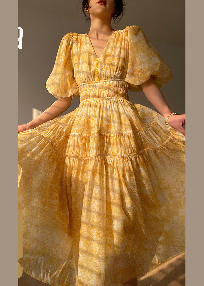 V Neck Print Wrinkled Button Silk Maxi Dress Short Sleeve