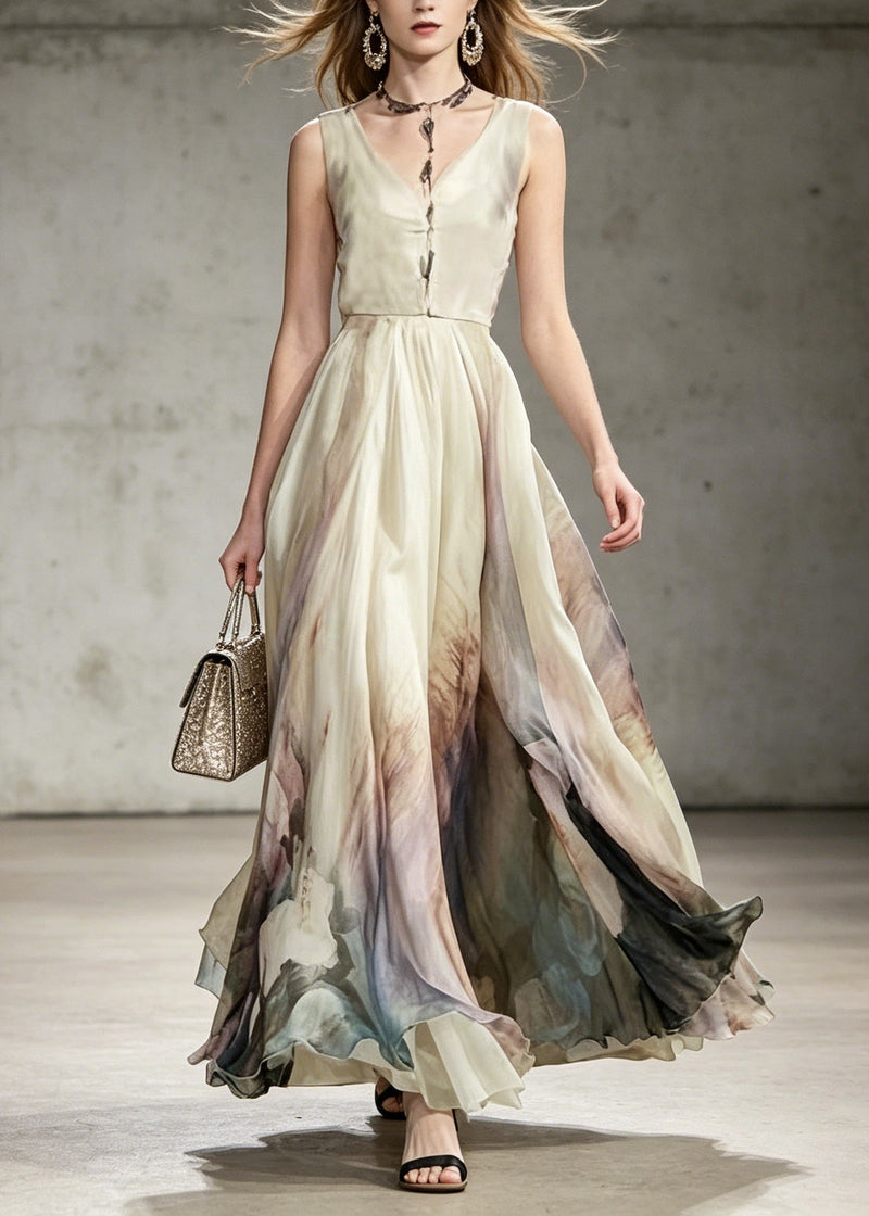 V Neck Tie Dye Chiffon Maxi Dresses Sleeveless
