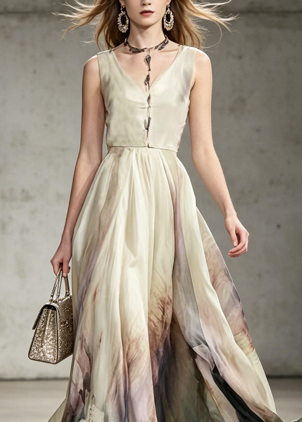 V Neck Tie Dye Chiffon Maxi Dresses Sleeveless