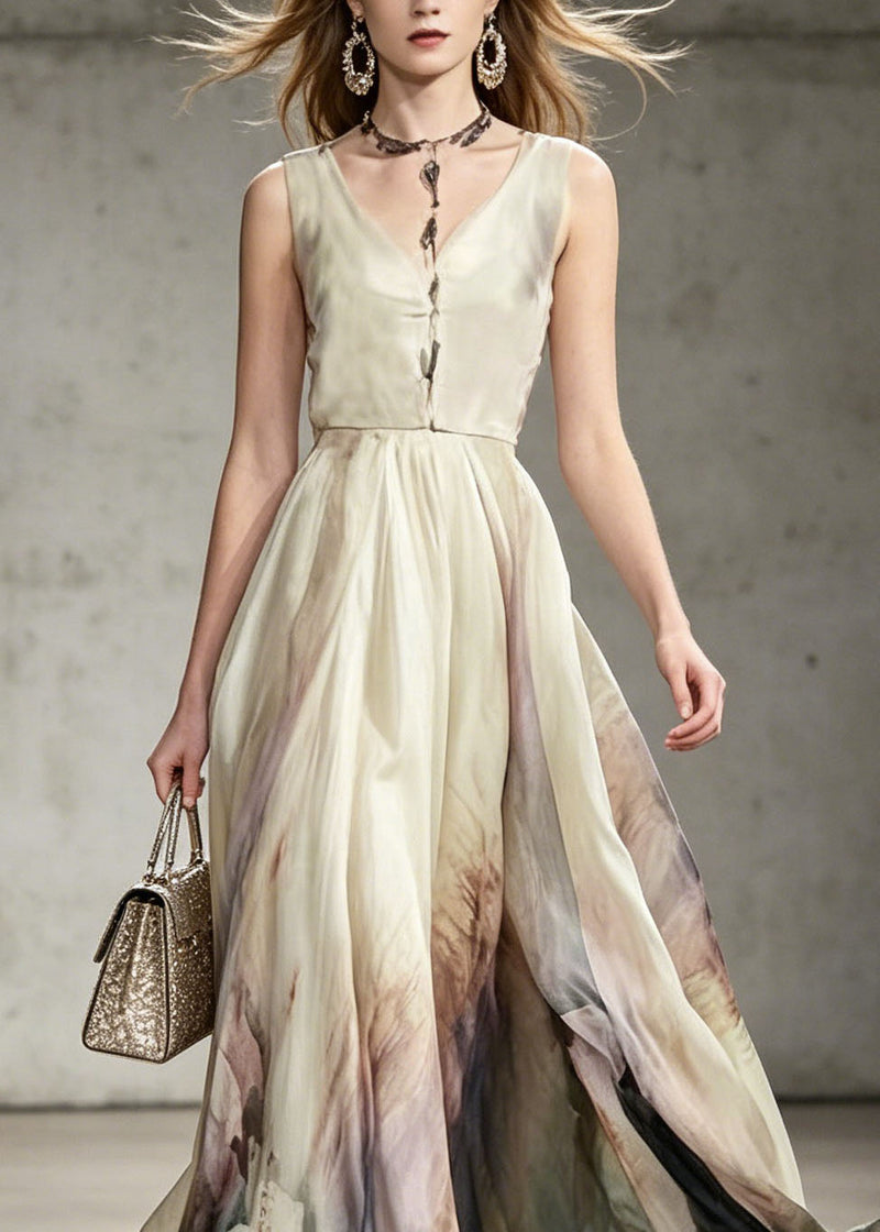 V Neck Tie Dye Chiffon Maxi Dresses Sleeveless