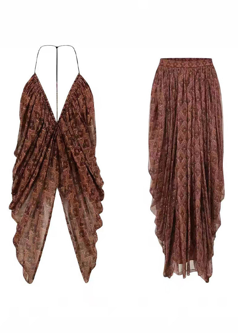 V Neck Top and a Line Skirts Two Pieces Set Summer