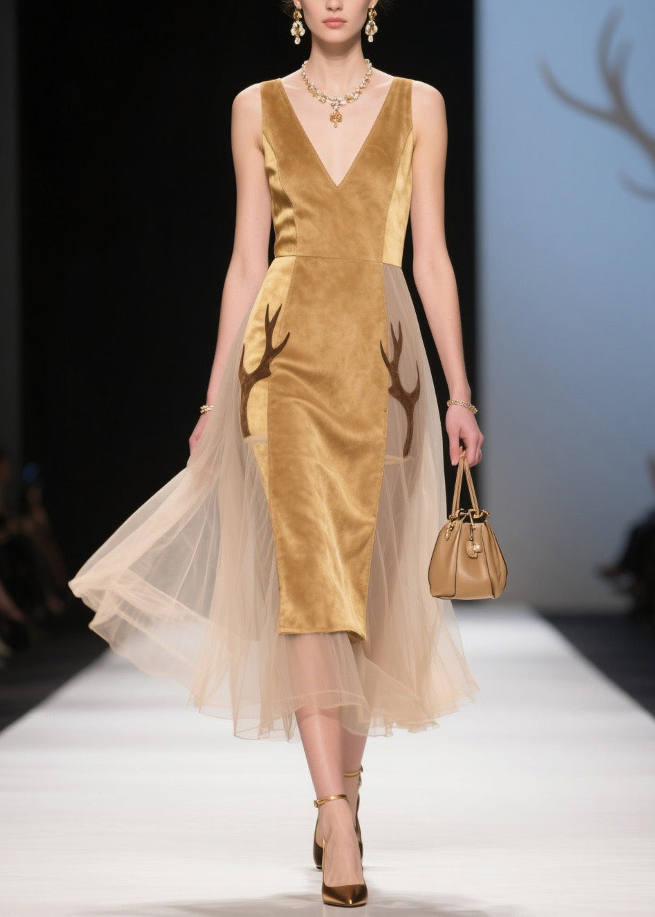 V Neck Tulle Patchwork Velvet Dress Sleeveless