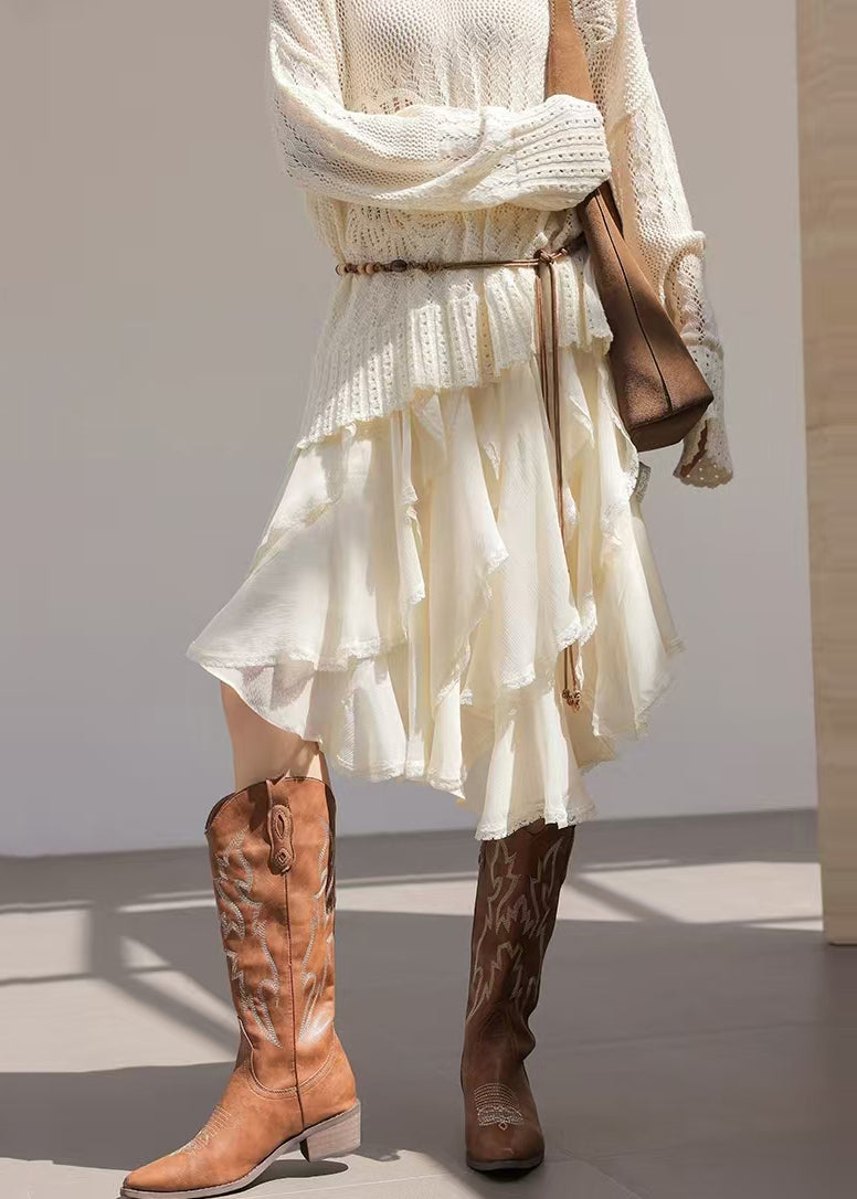 White Asymmetrical Ruffles Chiffon Skirt Spring