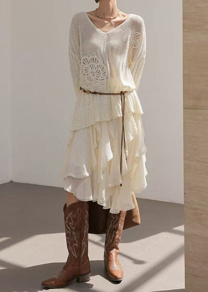White Asymmetrical Ruffles Chiffon Skirt Spring