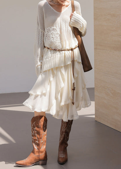 White Asymmetrical Ruffles Chiffon Skirt Spring