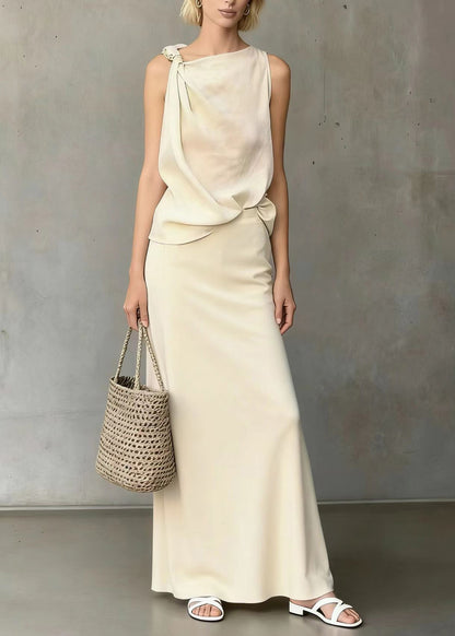 White Asymmetrical Shoulder Knotted Cotton Two Pieces Set Sleeveless