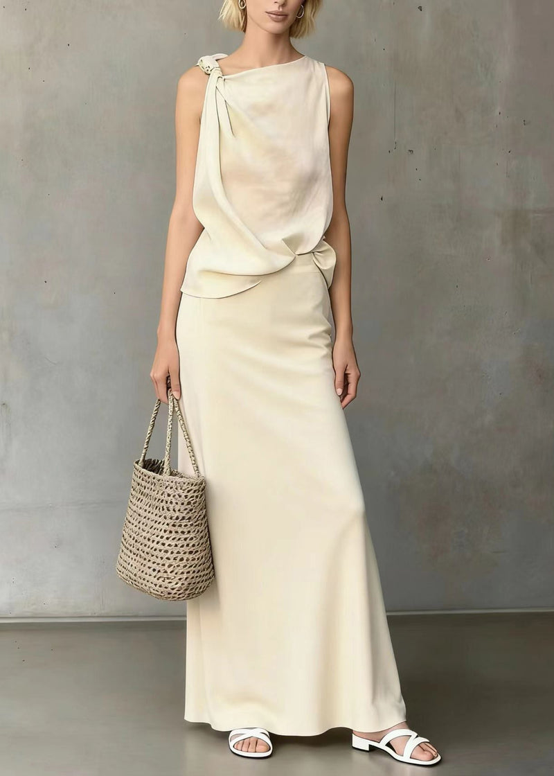 White Asymmetrical Shoulder Knotted Cotton Two Pieces Set Sleeveless