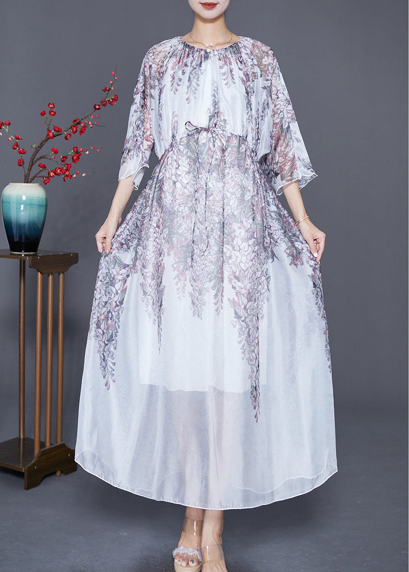 White Cinched Print Silk Long Dress Summer