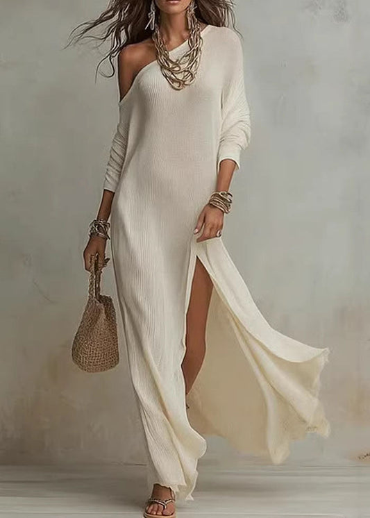 White Cold Shoulder Side Open Cotton Maxi Dresses Summer