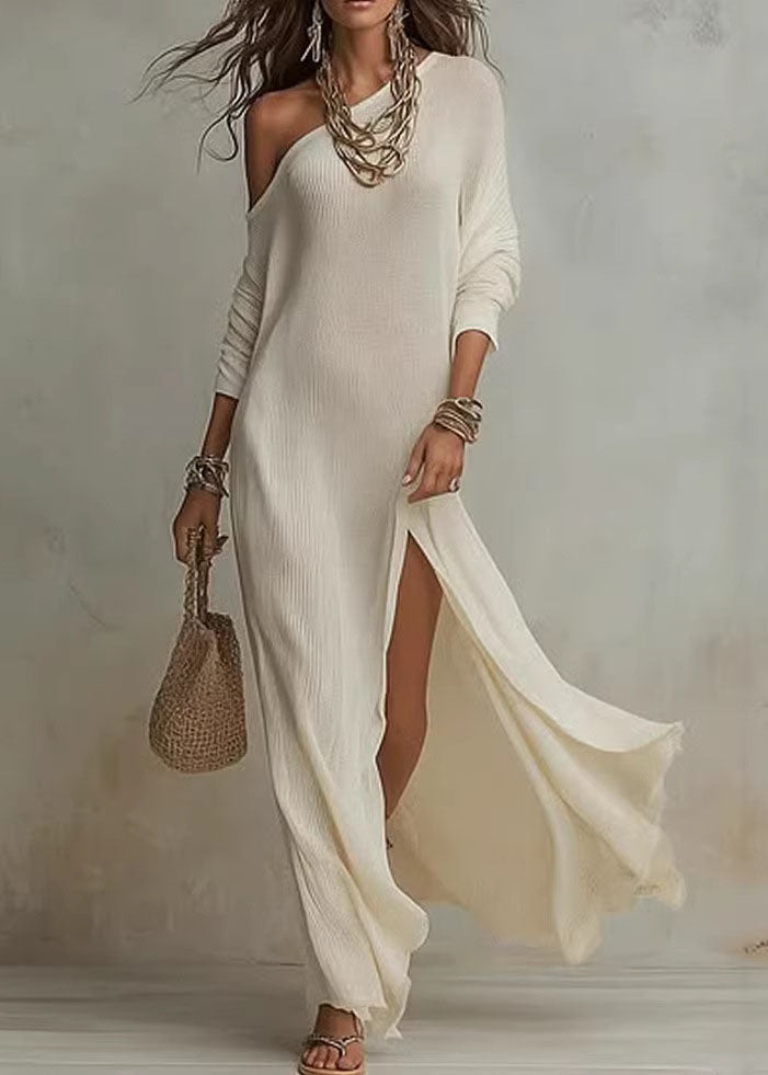 White Cold Shoulder Side Open Cotton Maxi Dresses Summer