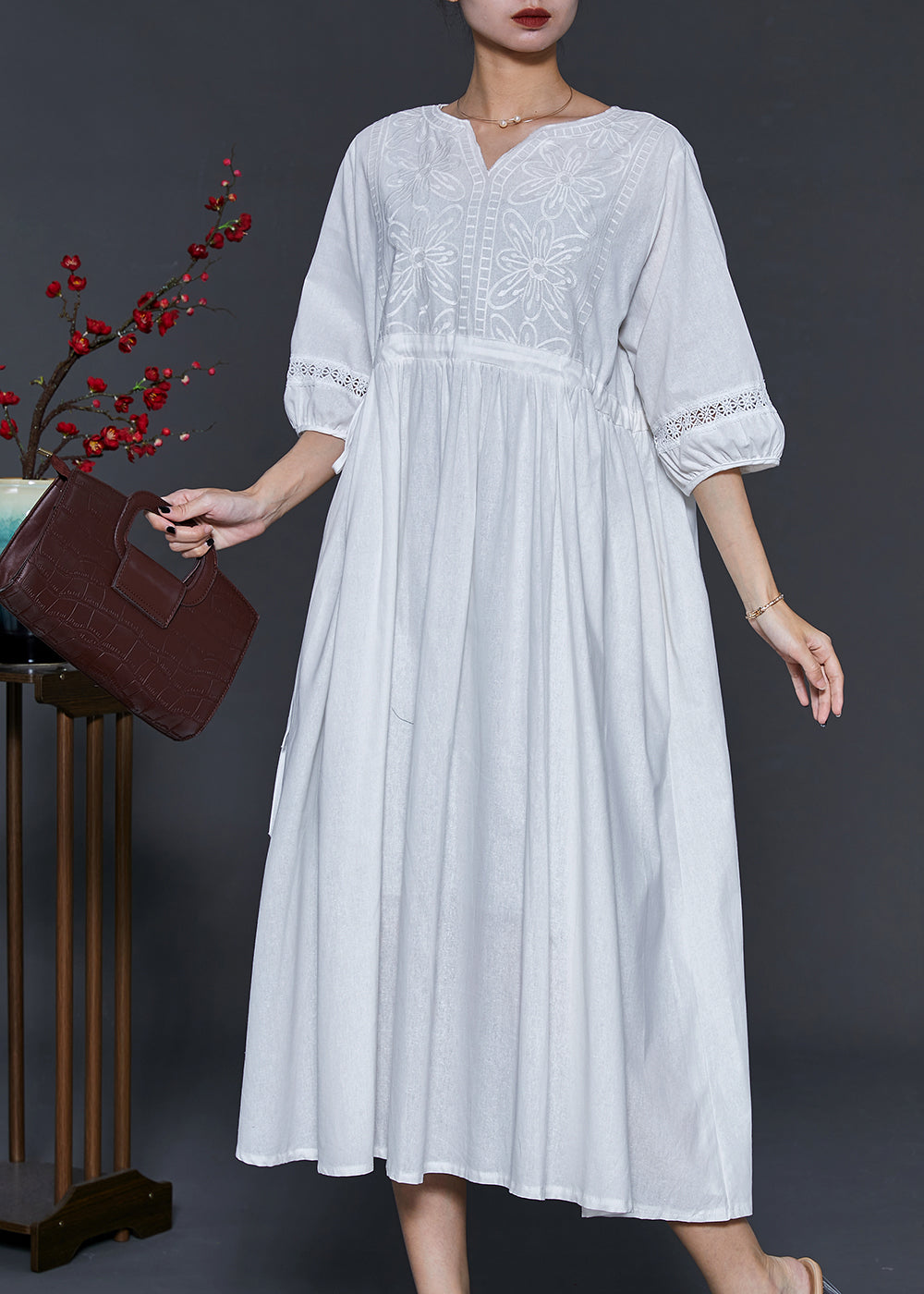 White Embroidered Cotton Cinched Dress Summer