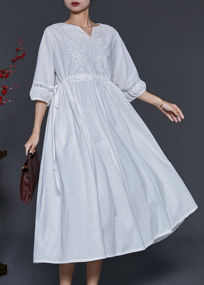 White Embroidered Cotton Cinched Dress Summer
