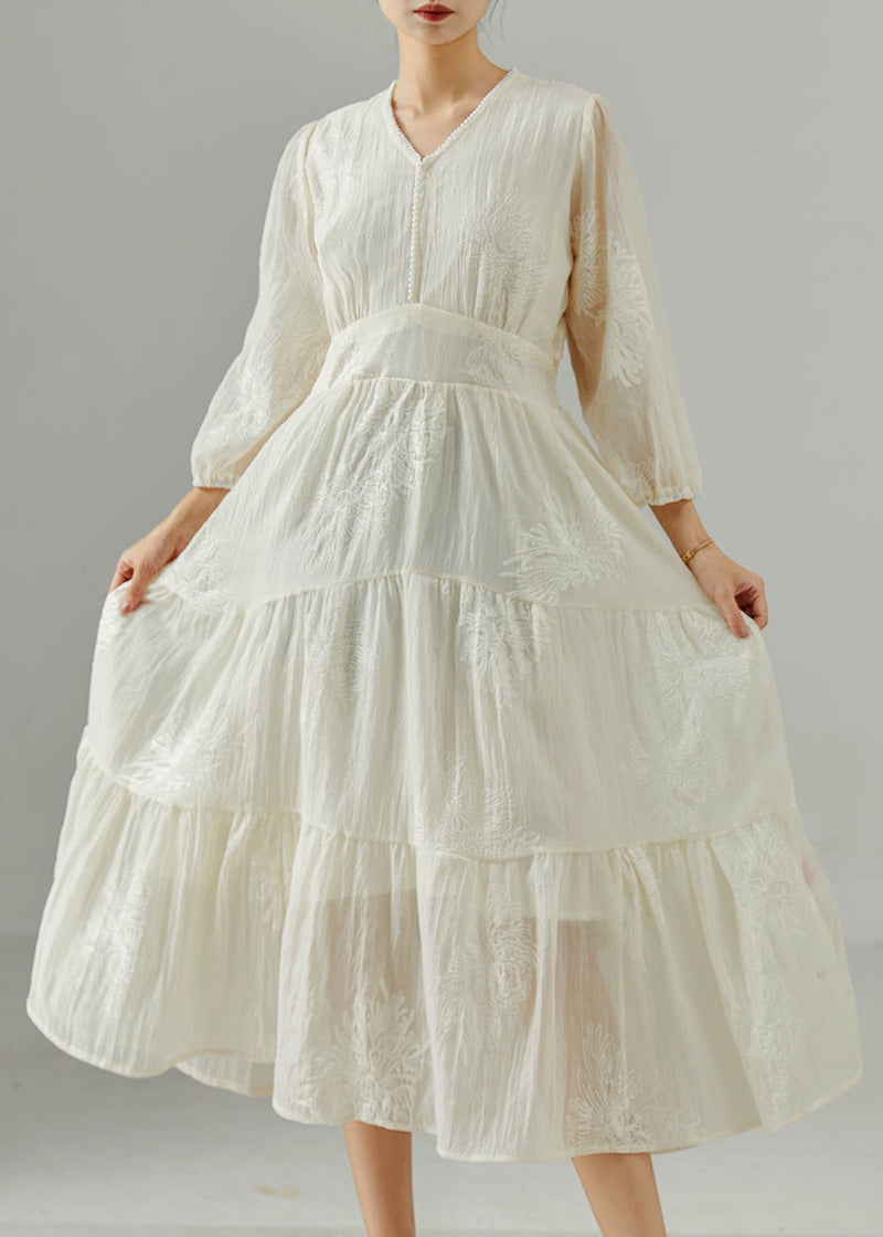White Embroidered Exra Large Hem Cotton Dress Summer