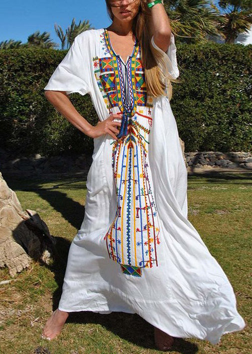 White Embroidered Lace Up Cotton Dresses Summer