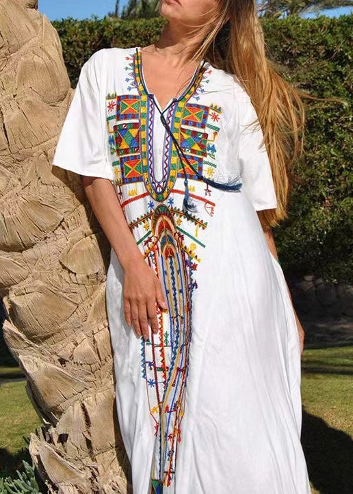 White Embroidered Lace Up Cotton Dresses Summer