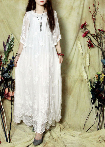 White Embroideried Cold Shoulder Lace Long Dresses Spring