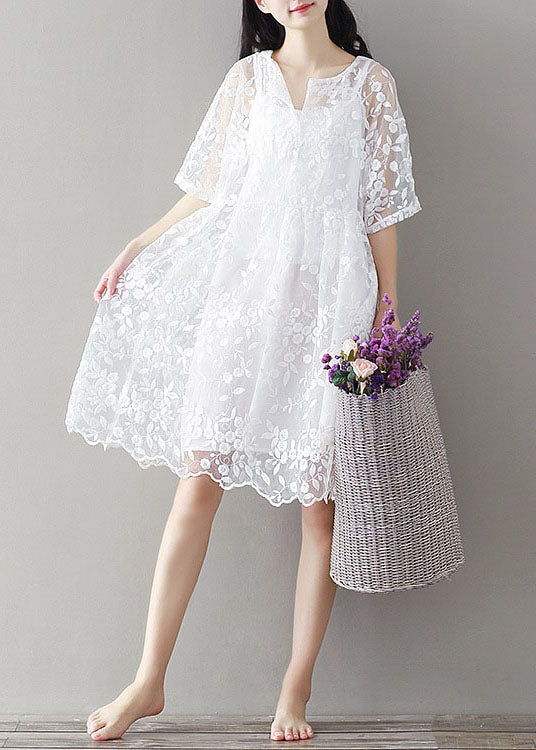 White Embroideried Lace Patchwork Tulle Mid Dress Summer