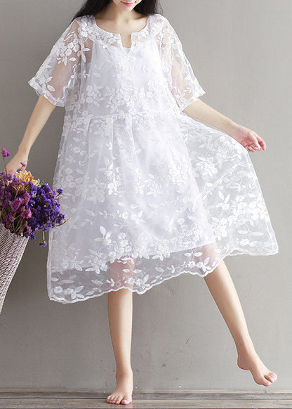 White Embroideried Lace Patchwork Tulle Mid Dress Summer