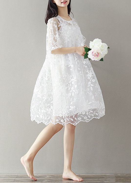 White Embroideried Lace Patchwork Tulle Mid Dress Summer