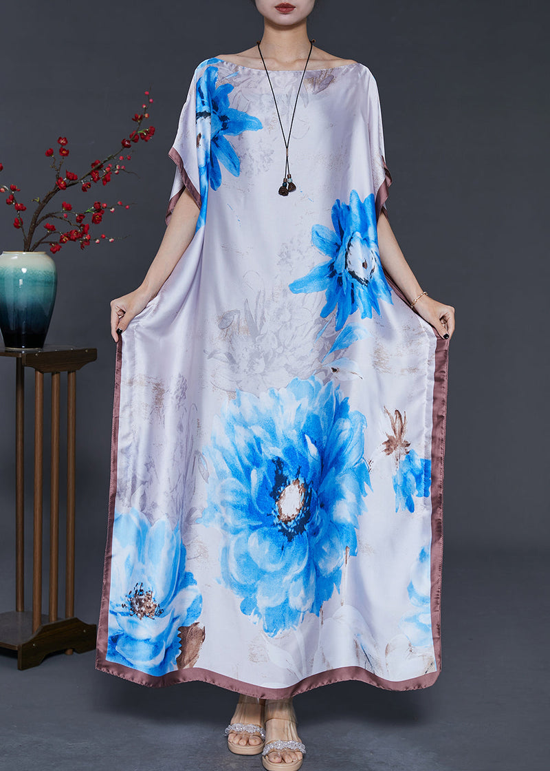 White Flower Print Silk Maxi Dresses Summer