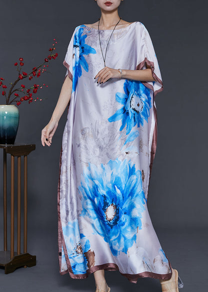 White Flower Print Silk Maxi Dresses Summer