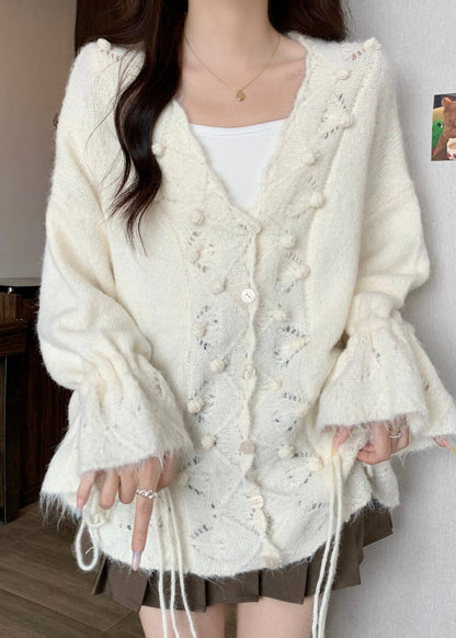 White Fuzzy Ball Decorated Drawstring Knit Cardigans Fall