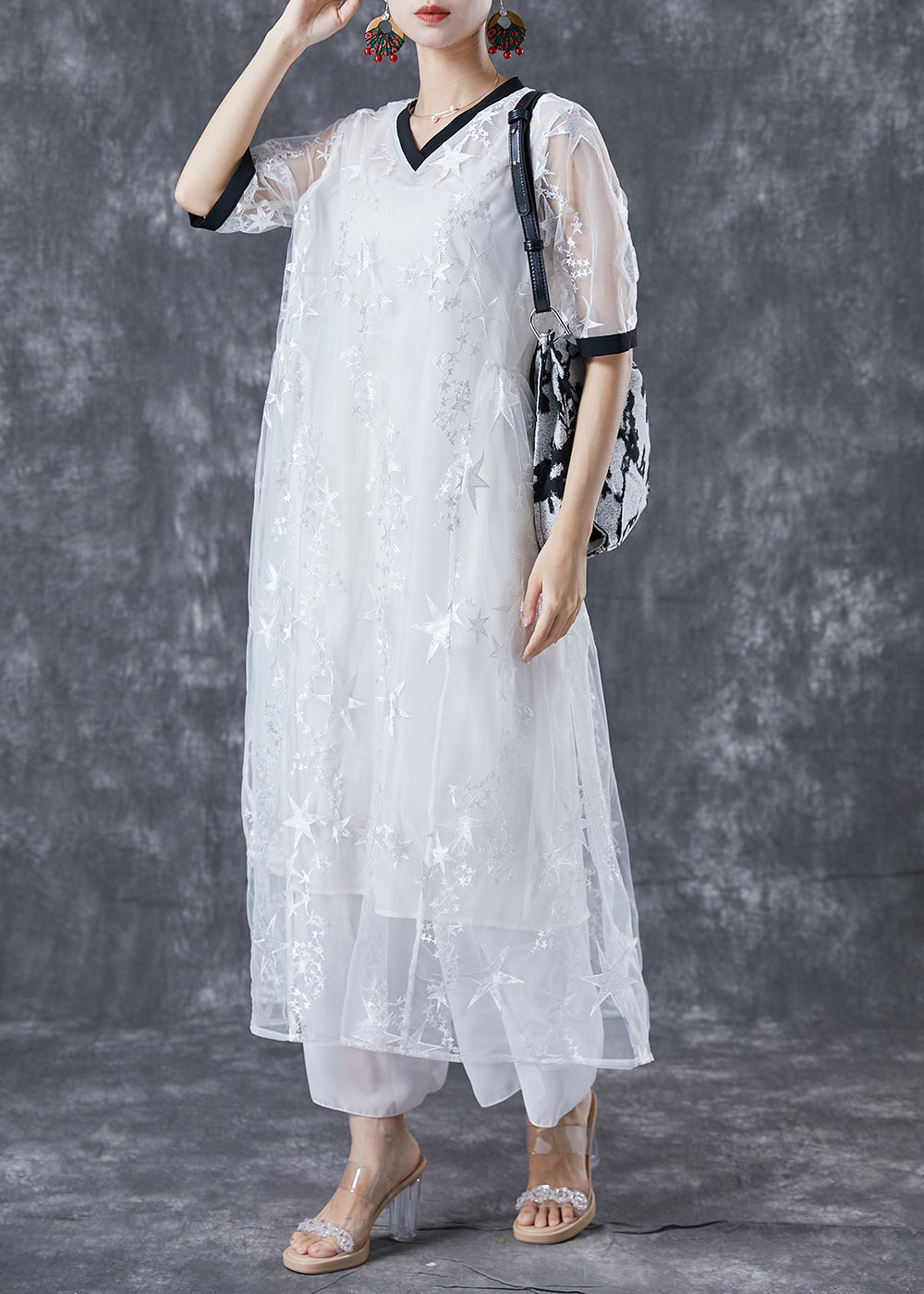 White Hollow Out Patchwork Star Print Tulle Maxi Dress Summer
