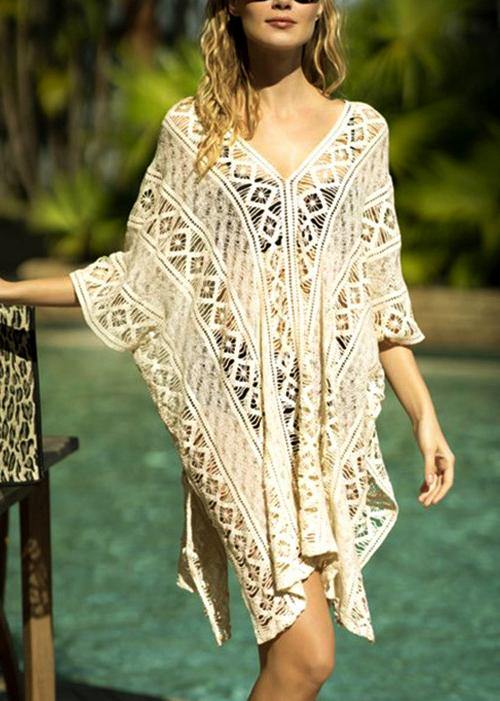 White Hollow Out Side Open Beach Gown Mid Summer Cotton Dress