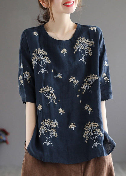White O-neck Embroideried Summer Linen Tops Half Sleeve