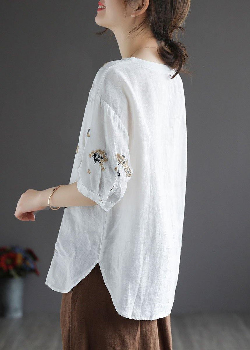 White O-neck Embroideried Summer Linen Tops Half Sleeve