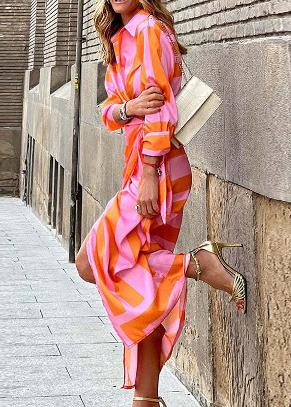 White Orange Asymmetrical Tie Waist Maxi Dresses Long Sleeve