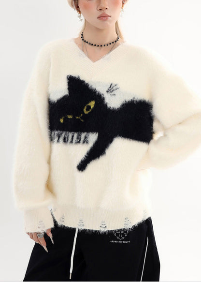 White Oversized Cat Cozy Hole Sweater Tops Winter