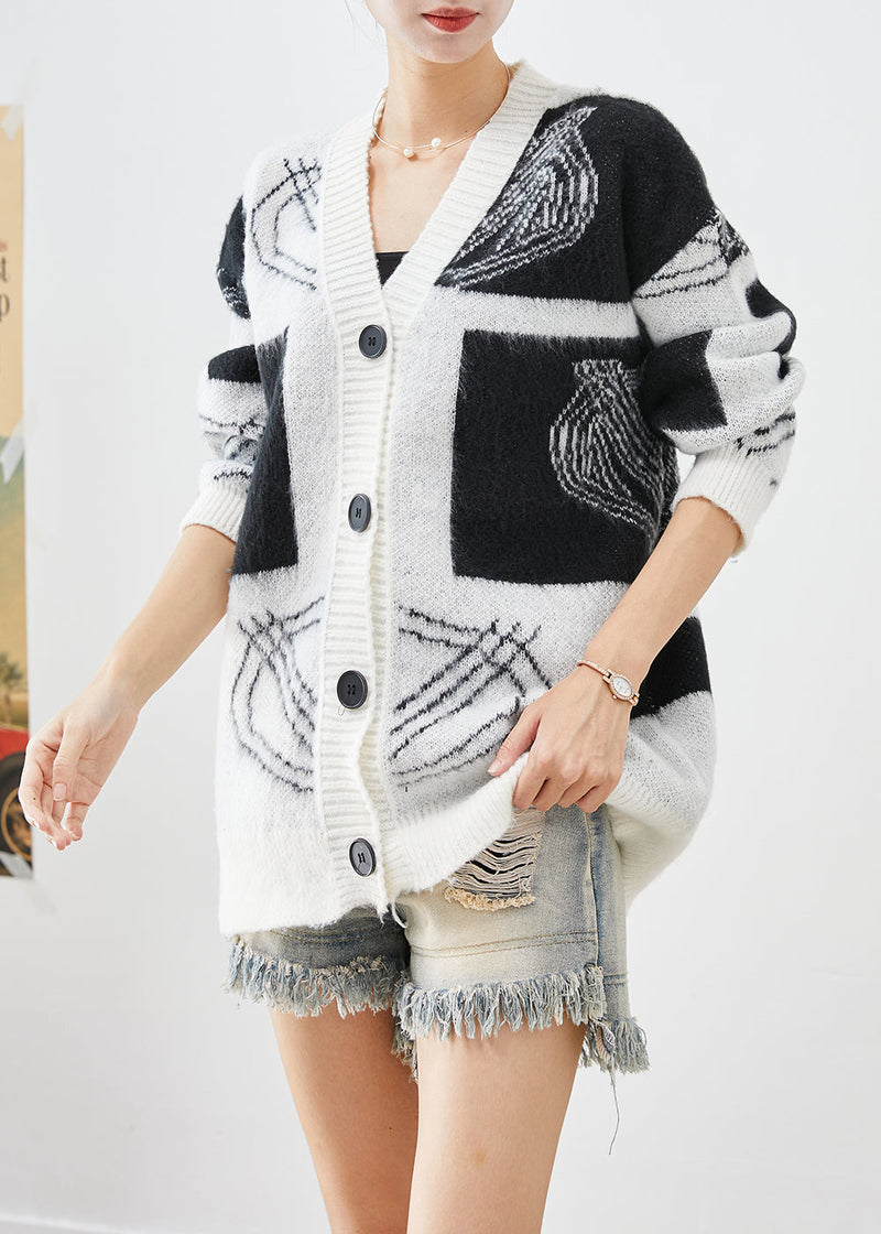 White Oversized Print Button Down Knit Cardigans Fall