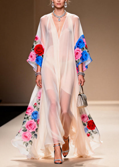 White Oversized Print Chiffon Vacation Dresses Summer