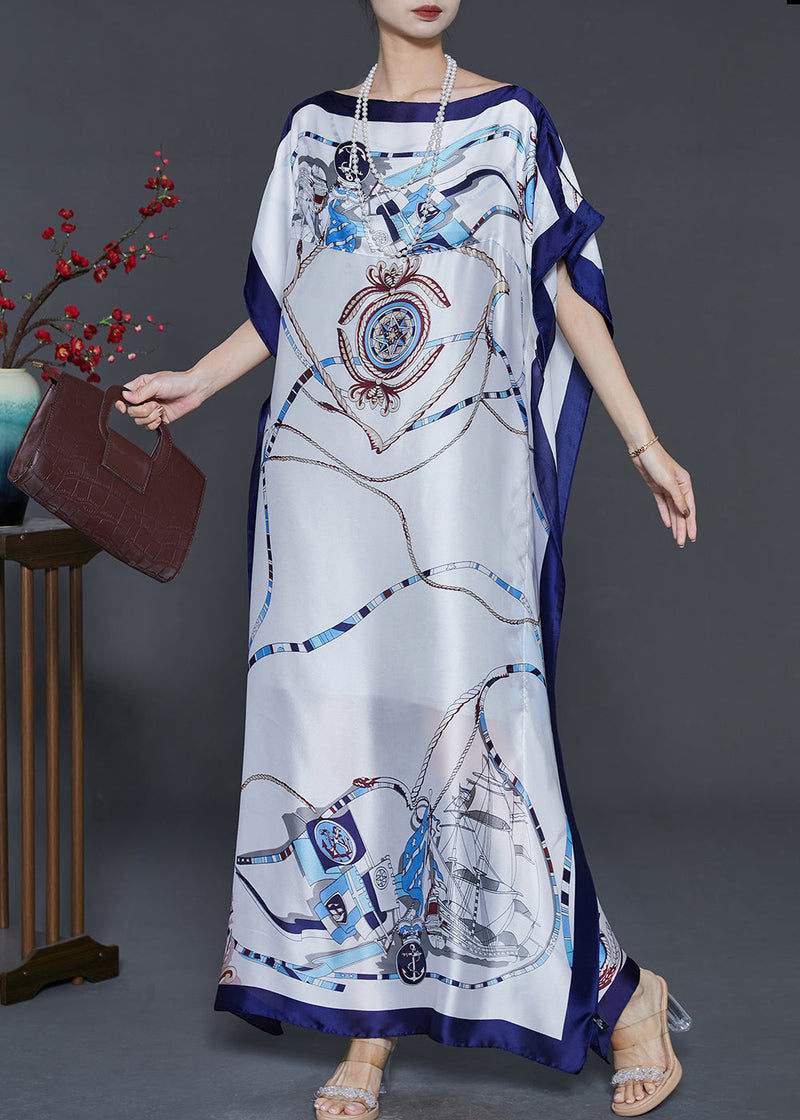 White Oversized Print Silk Maxi Dress Summer