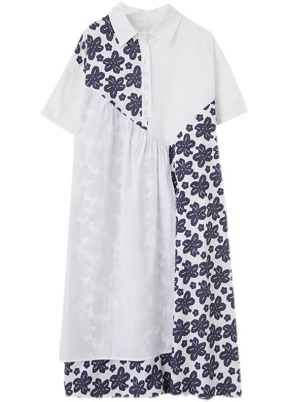 White Patchwork Print Asymmetrical Design Maxi Summer Chiffon Dress