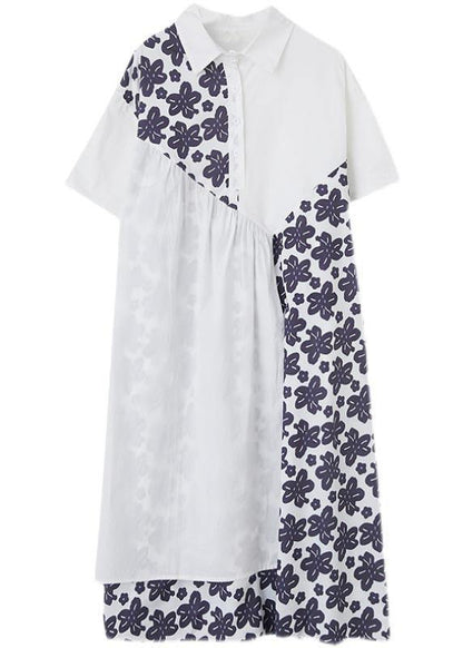 White Patchwork Print Asymmetrical Design Maxi Summer Chiffon Dress